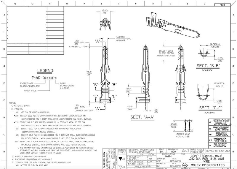Molex 40 Pair) Molex 18-24 AWG Gauge Pins 0.062" Male and Female Pins Connector, Crimp style pin, 1561-(P901)L - Image 3